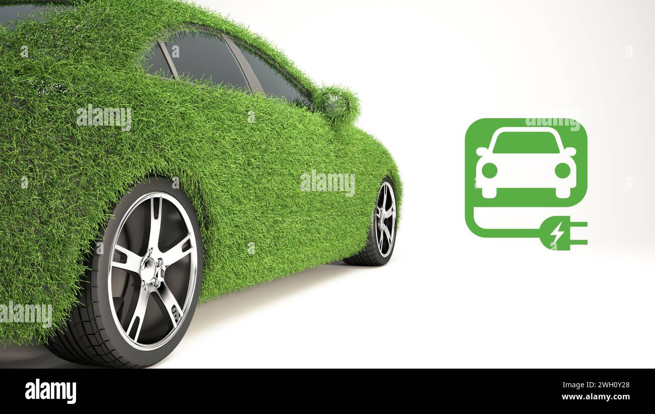 EV car covered with realistic grass isolated on white background. Electric vehicle charging station. Eco friendly car concept, green parking, clean en Stock Photo