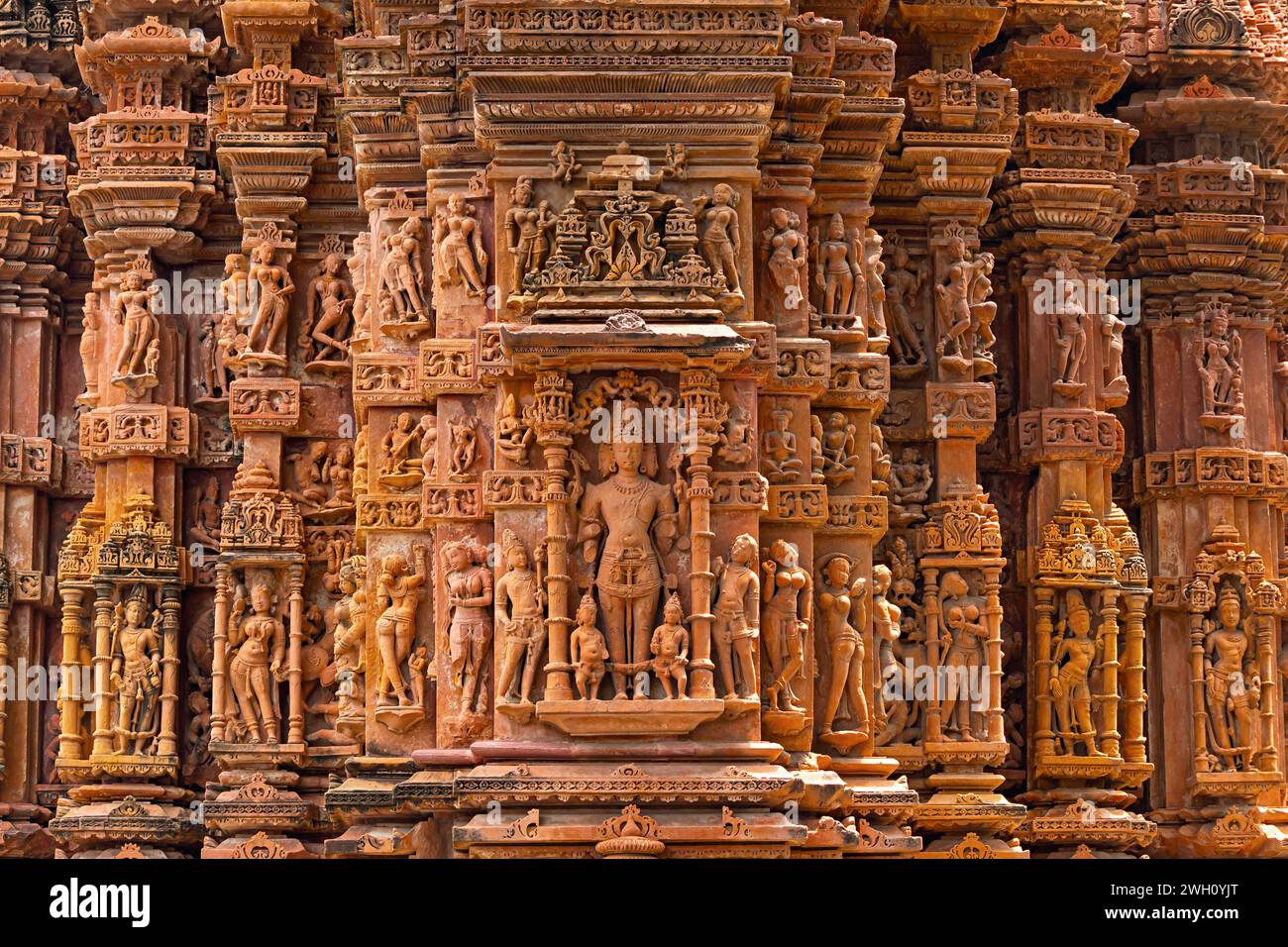 Main Carving Sculpture of Lord Vishwakarma and Other Hindu deities on the Sun Temple of Jhalarapatan, Rajasthan, India. Stock Photo