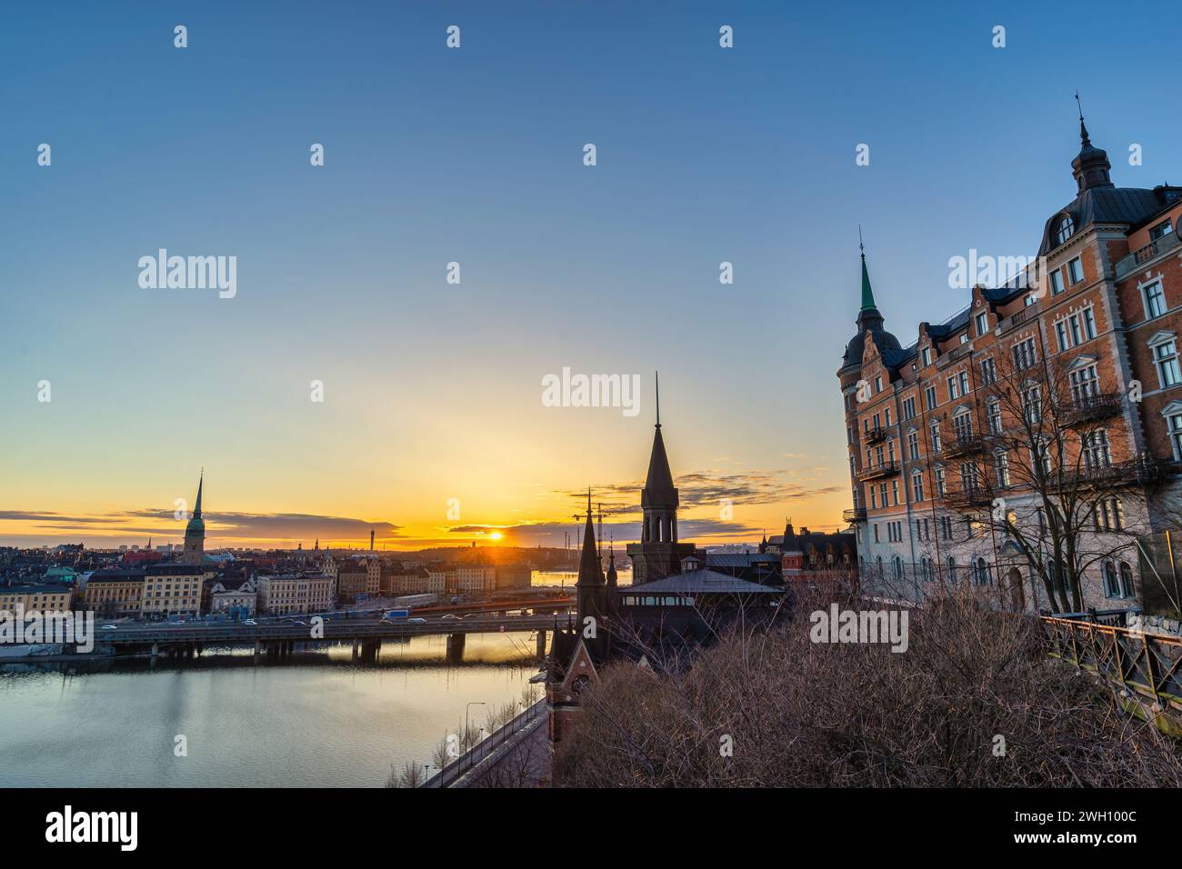 Stockholm Sweden, sunrise city skyline at Gamla Stan and Slussen Stock Photo