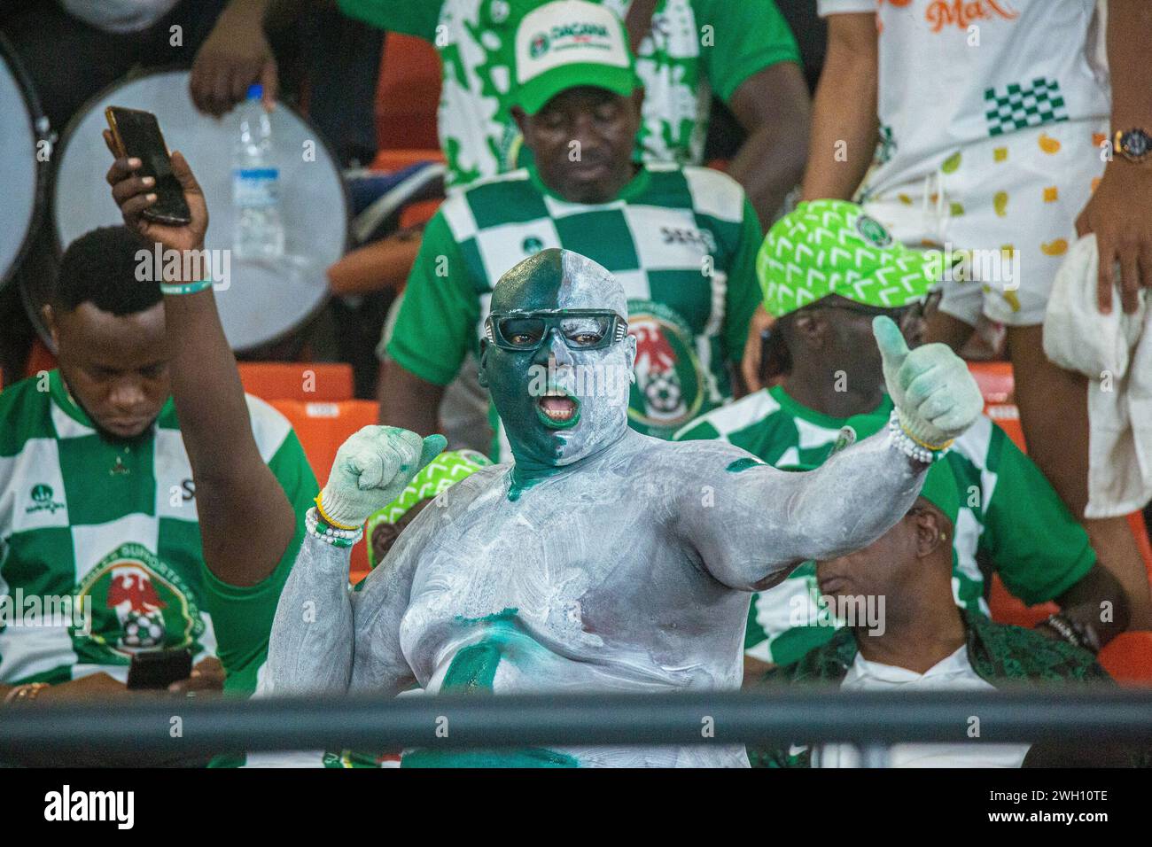 The mascort of the Nigeria supporters club during the game between Nigeria vs Cameroon at 2023 AFCON in Cote D'Ivoire. Photo by Adeniyi Muyiwa Stock Photo