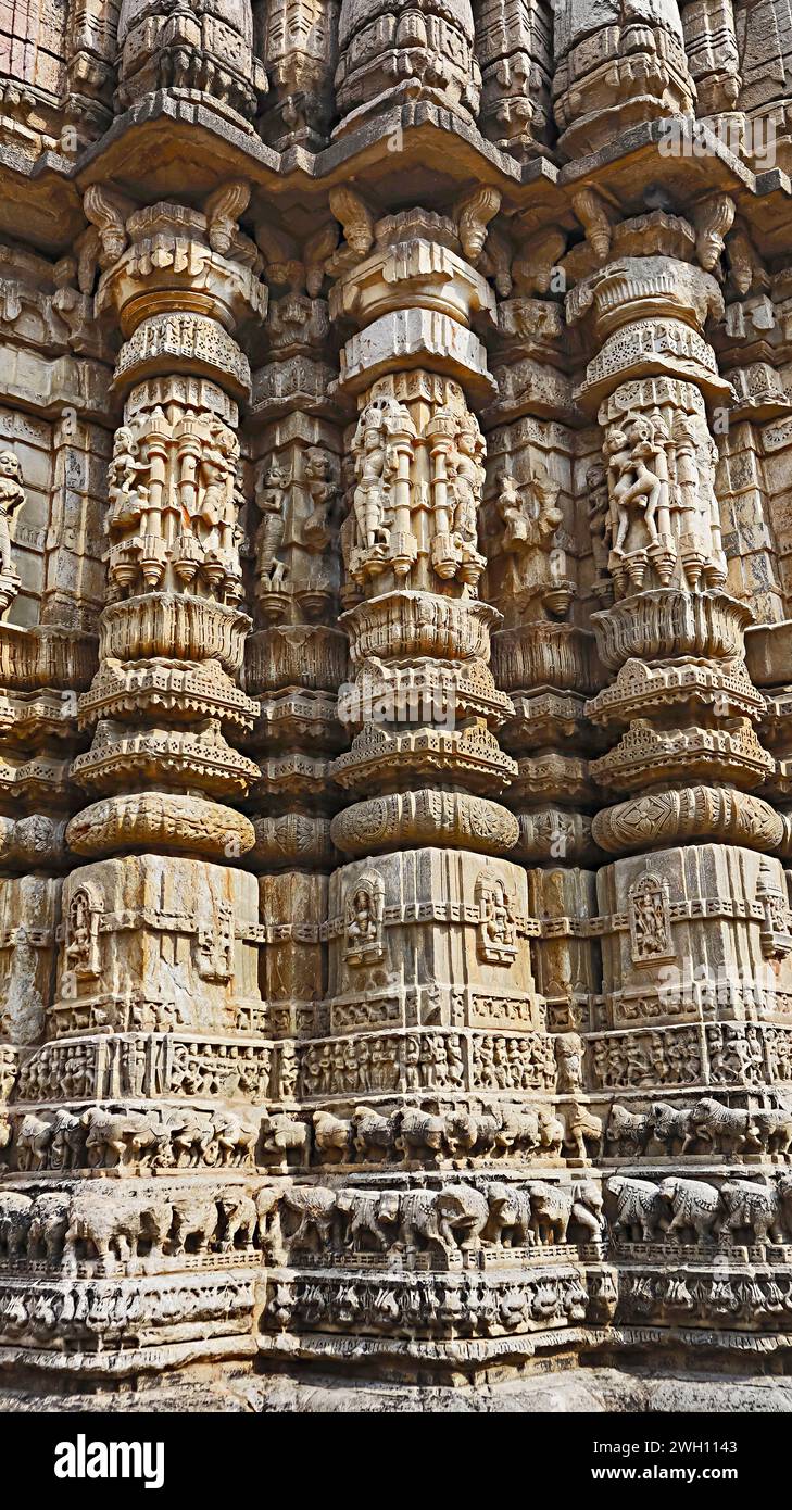Carving Panels of animals and Hindu deities on the Gopinathji Temple, Todaraisingh, Rajasthan, India. Stock Photo