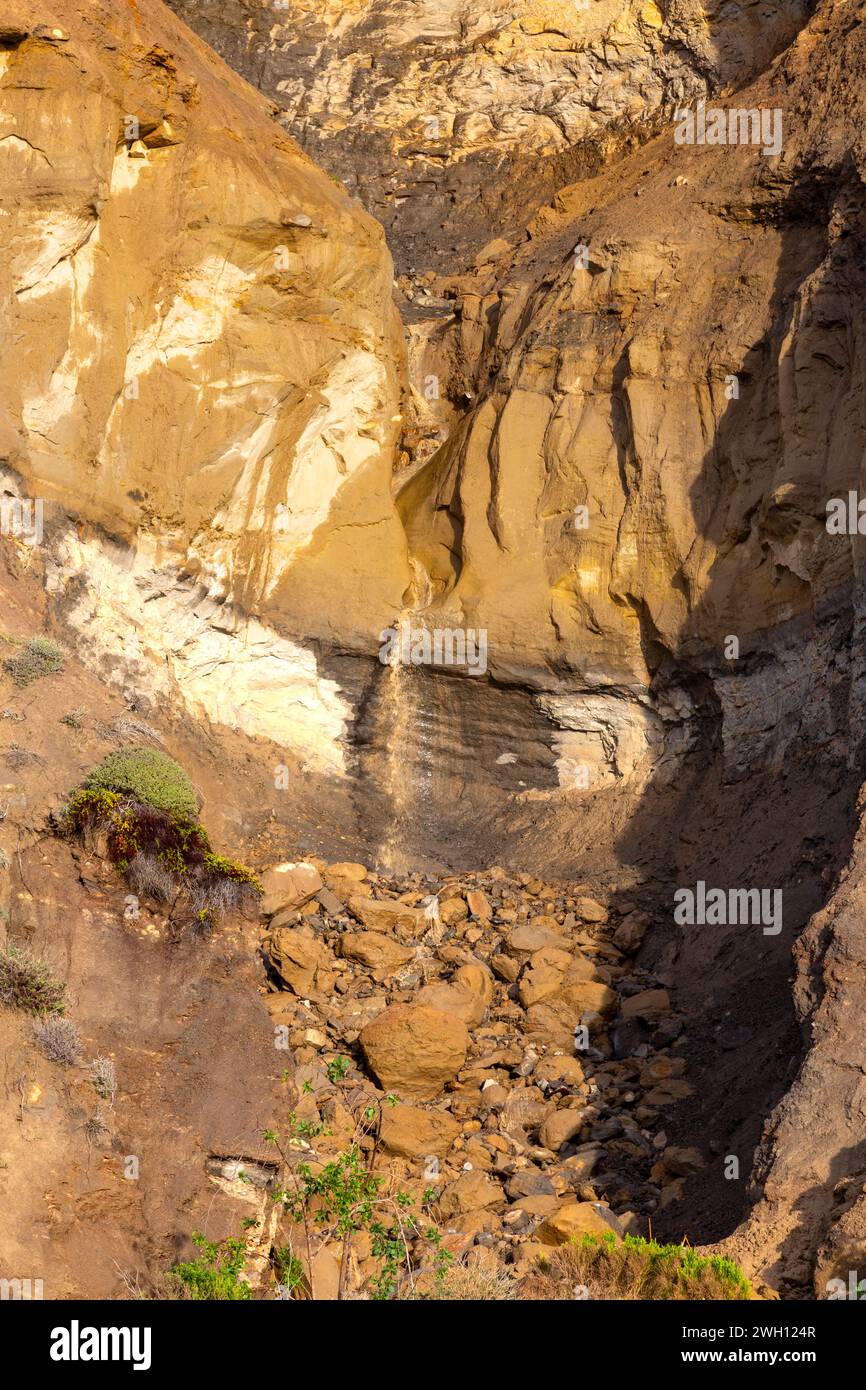 Mudslide Waterfall Eroded Sandstone Cliffs Torrey Pines State Reserve Historic Atmospheric River Rain Storm Floods San Diego Southern California USA Stock Photo