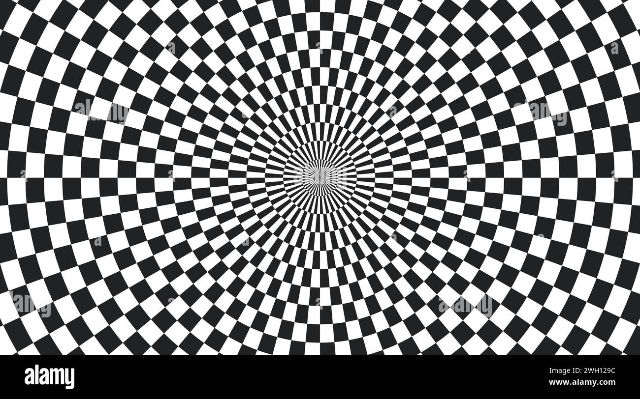 Psychedelic checkered circle background. Round background with checkerboard pattern. Chequer psychedelic mosaic. Chess optical texture. Vector Stock Vector