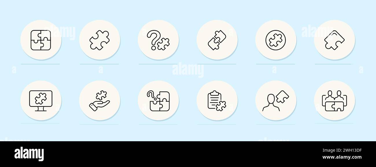 Puzzles line icon. Pastel color background. Engaging, interactive, challenge, teamwork, solution, completion, assemble, jigsaw, game, strategy. Vector Stock Vector