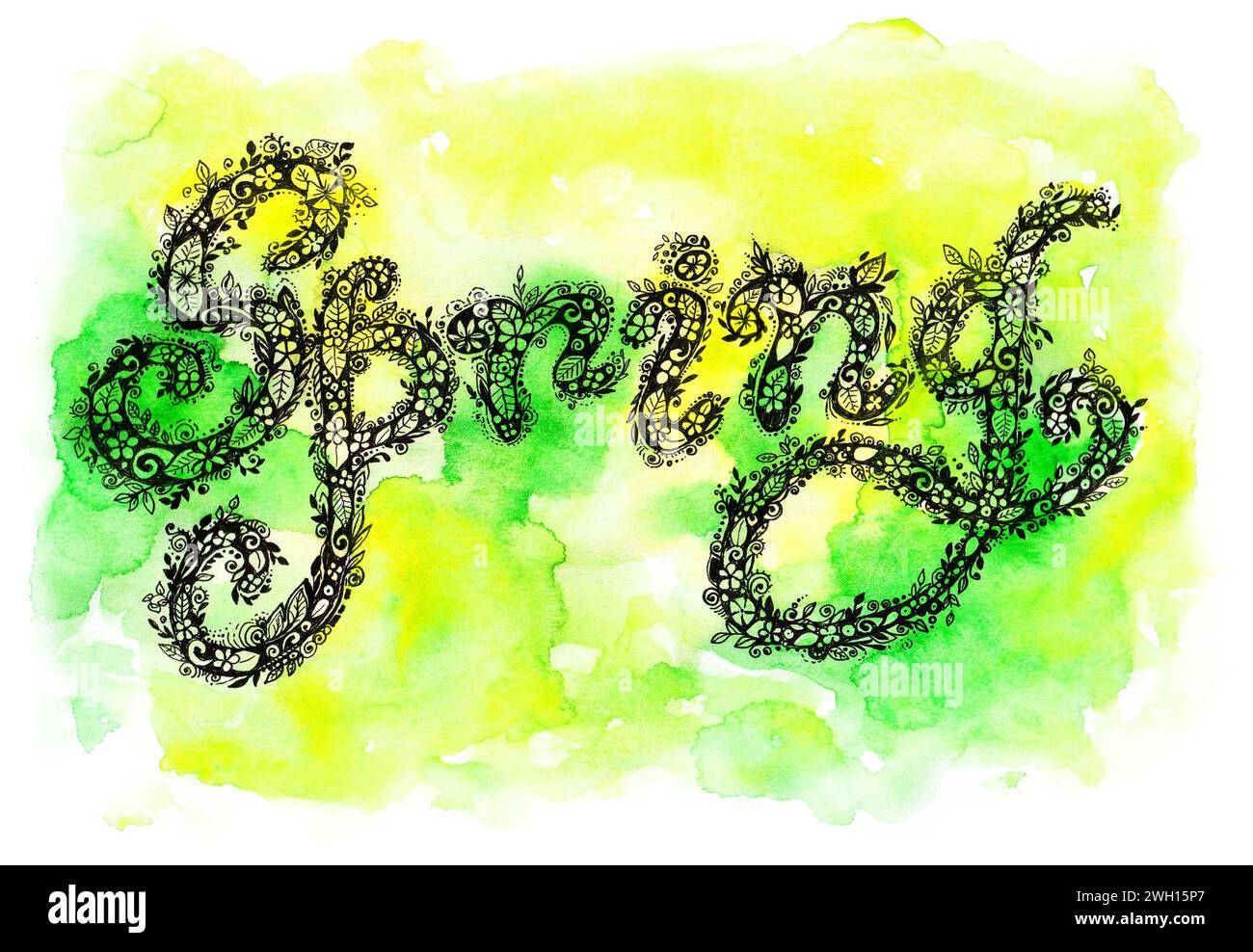 The word Spring in black on watercolor background. Doodle lettering ...