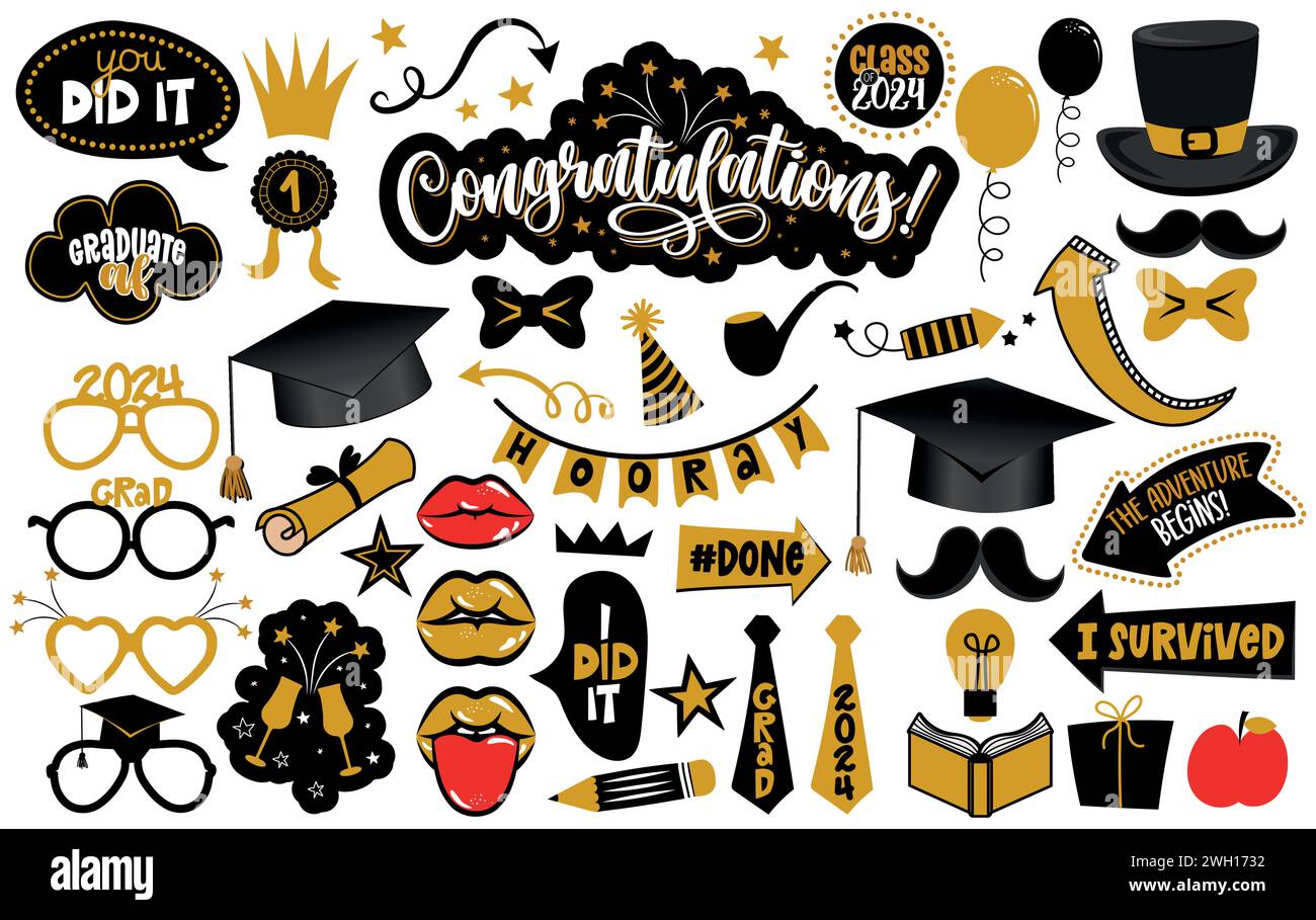 Congratulations Graduates photo booth prop set. Premium vector cap, hat ...