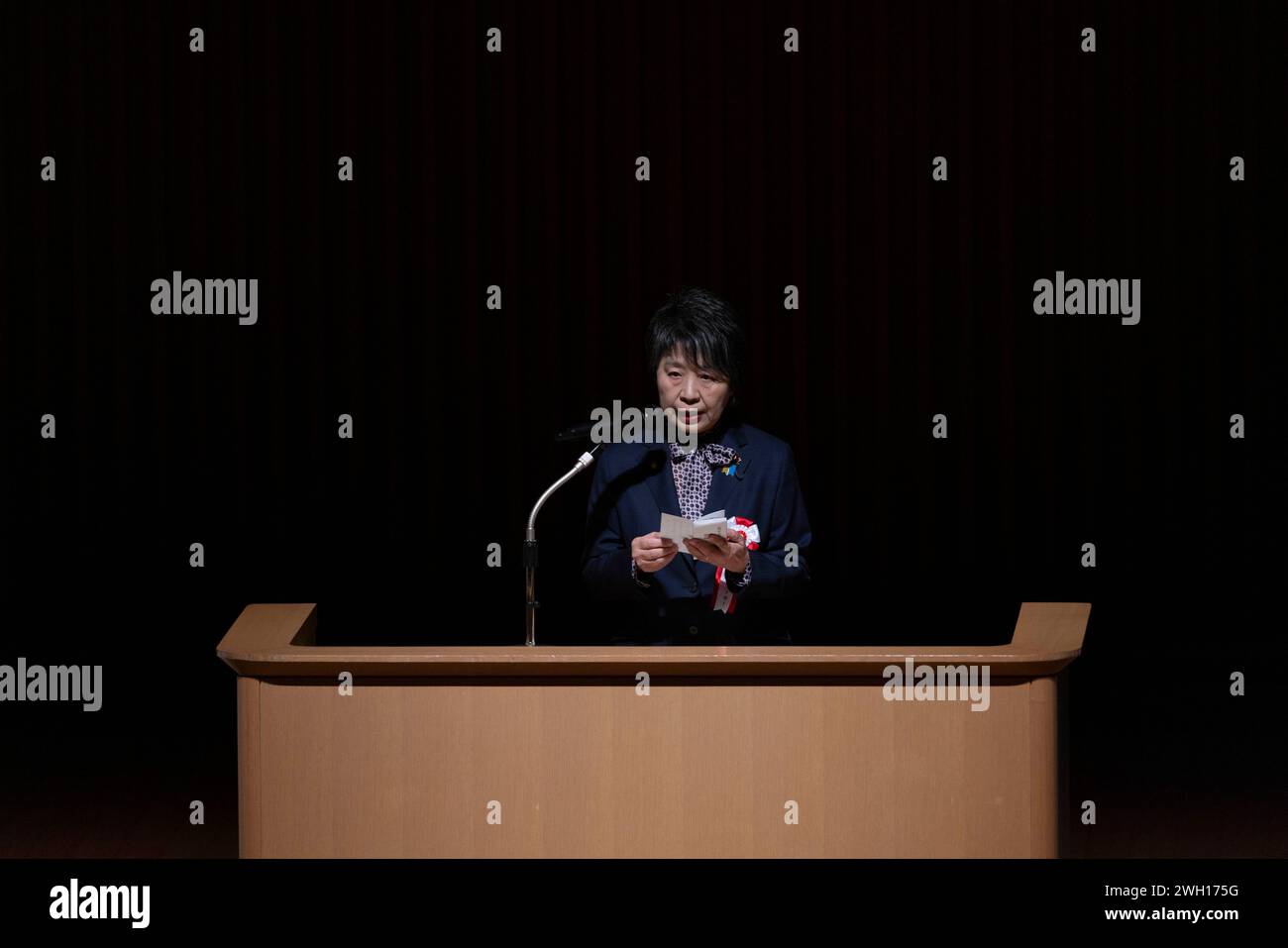 Japanese Foreign Minister Yoko Kamikawa gives a speech at the 2024 National Convention to demand the return of the Northern Territories in Tokyo on February 7, 2024. Credit: Stanislav Kogiku/AFLO/Alamy Live News Stock Photo