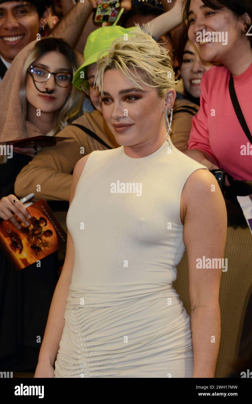February 6, 2024, Mexico City, Ciudad de Mexico, Mexico: February 6, 2024, Mexico City, Mexico: Actress Florence Pugh, attends the red carpet of the Fan Event for the film Dune: Part Two at Auditorio Nacional. on February 6, 2024 in Mexico City. (Credit Image: © Carlos Tischler/eyepix via ZUMA Press Wire) EDITORIAL USAGE ONLY! Not for Commercial USAGE! Stock Photo