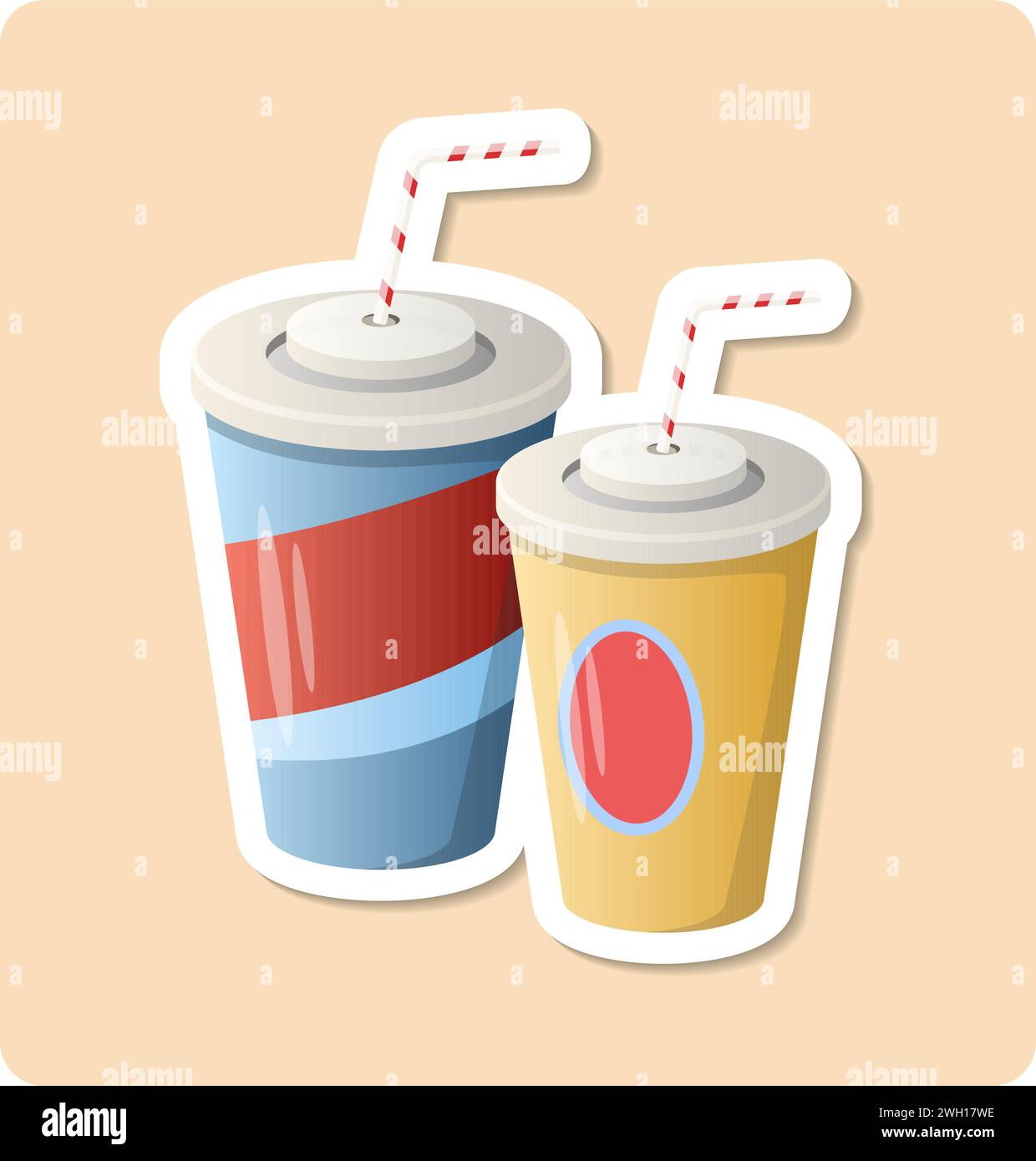 Fizzy drinks sticker illustration. Cup, straw, lid, cardboard. Editable