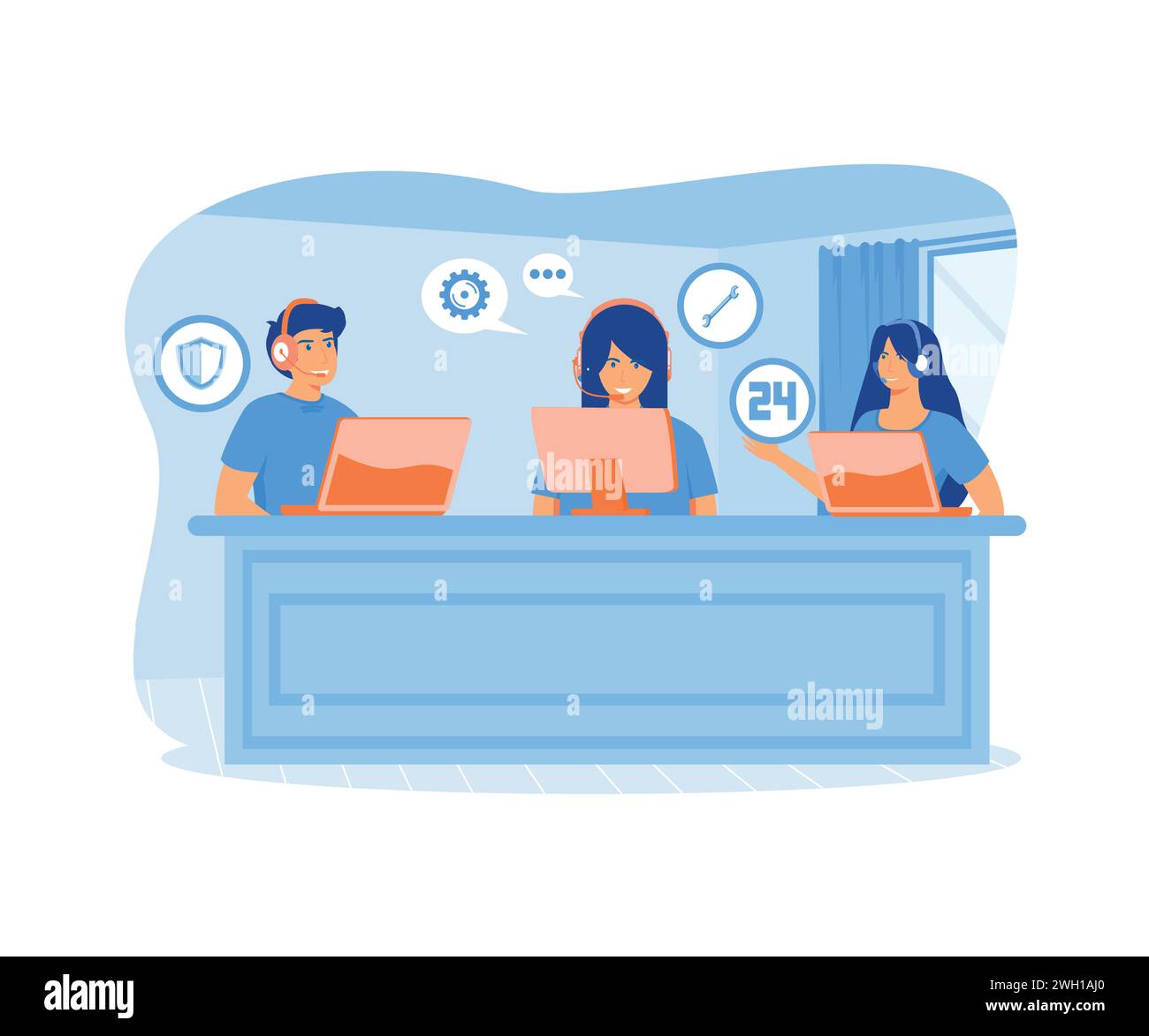 Customer service, hotline operator consulting with customer with headset on computer. flat vector modern illustration Stock Vector