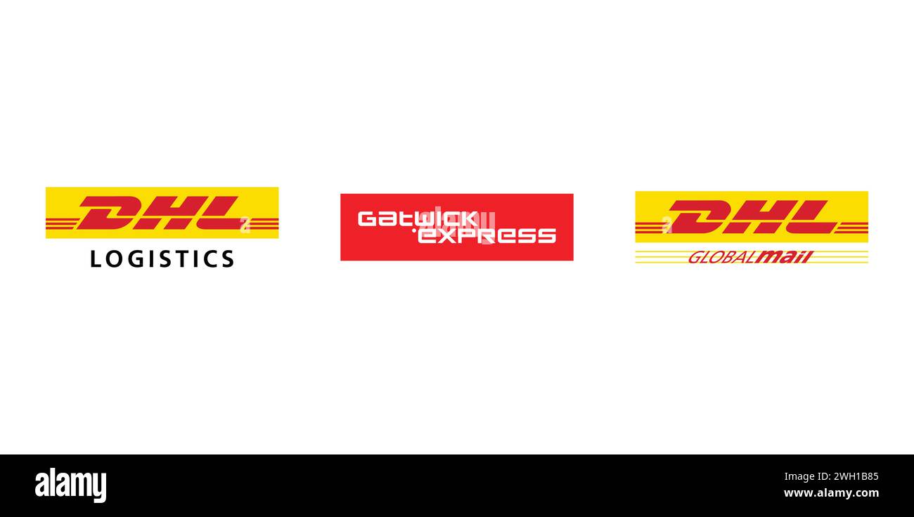 DHL Logistics, Gatwick Express, DHL Global Mail. Editorial brand emblem. Stock Vector