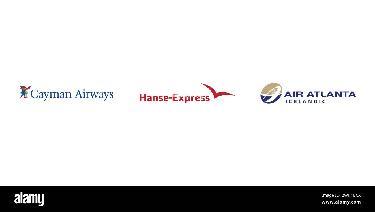 Hanse Express, Cayman Airways, Air Atlanta Icelandic. Editorial brand emblem. Stock Vector