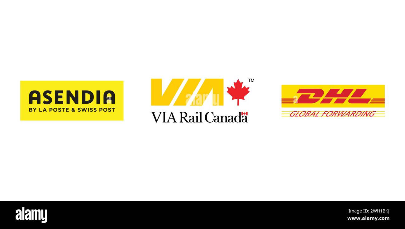 Asendia, DHL Global Forwarding, VIA Rail Canada. Editorial brand emblem. Stock Vector