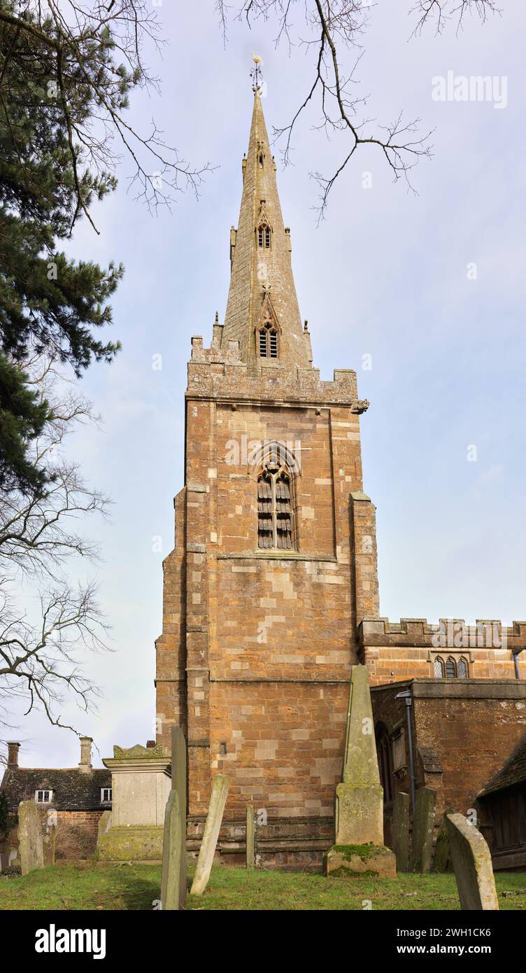 Bell tower and steeple at the parish church of St Peter and St Paul in the market town of Uppingham, Rutland, England. Stock Photo
