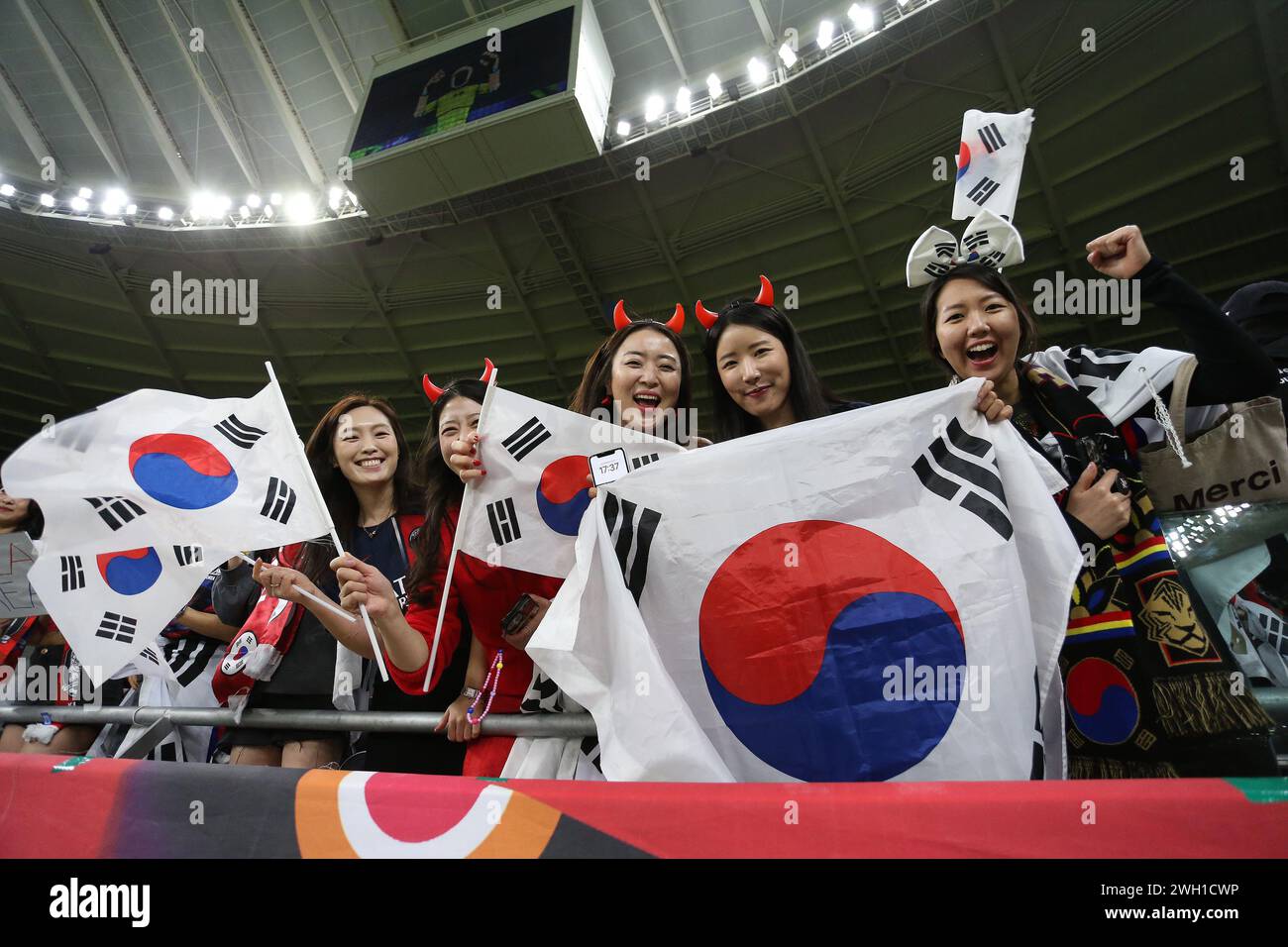 DOHA, QATAR - FEBRUARY 6: South Korea fans during the AFC Asian Cup semi final match between Jordan and South Korea at Ahmad Bin Ali Stadium on February 6, 2024 in Doha, Qatar. (Photo by MB Media/) Stock Photo