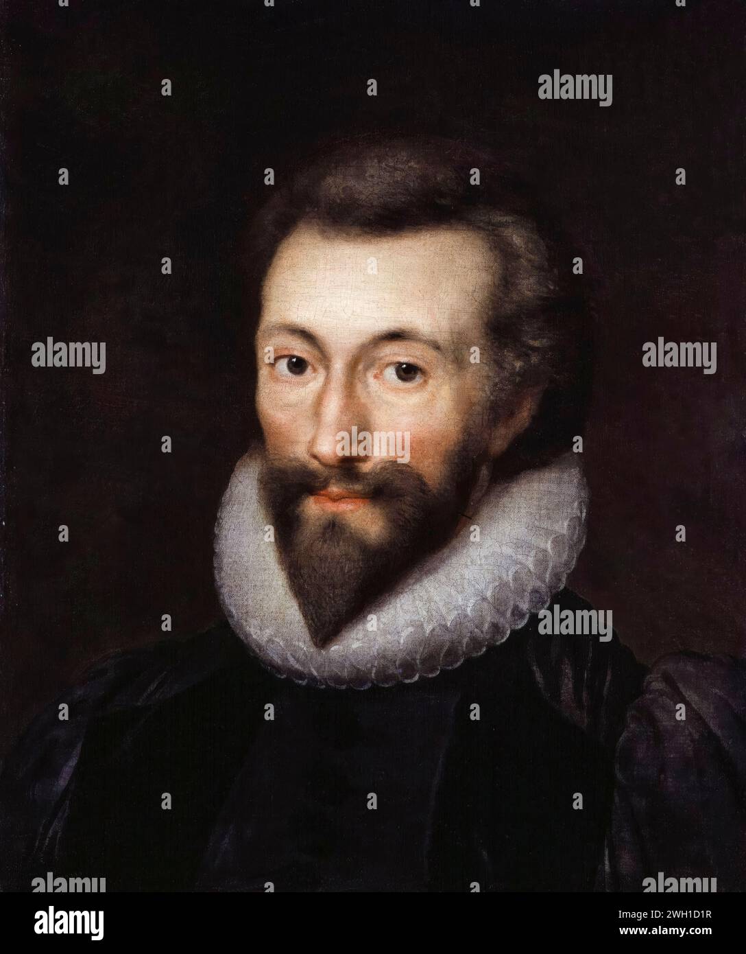 John Donne (1571 or 1572-1631), English poet and Cleric in the Church of England, portrait painting in oil on canvas after Isaac Oliver, 1675-1699 Stock Photo