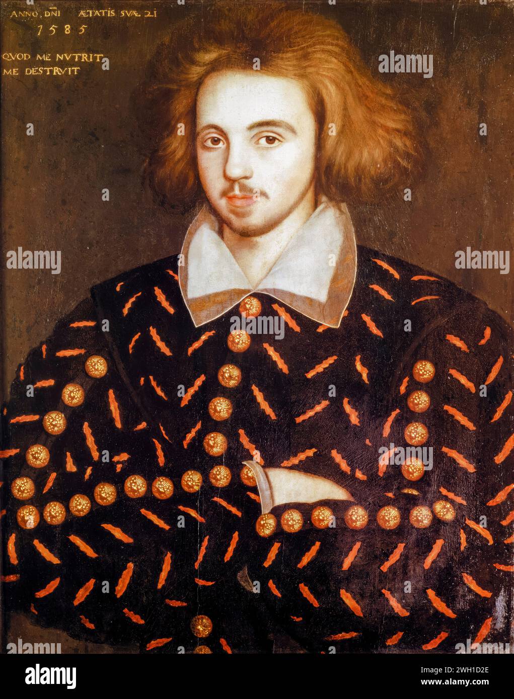 Christopher Marlowe, known as 'Kit Marlowe' (1564-1593), presumed portrait painting of the English playwright, poet, and translator of the Elizabethan era, portrait painting in oil on panel, 1585 Stock Photo
