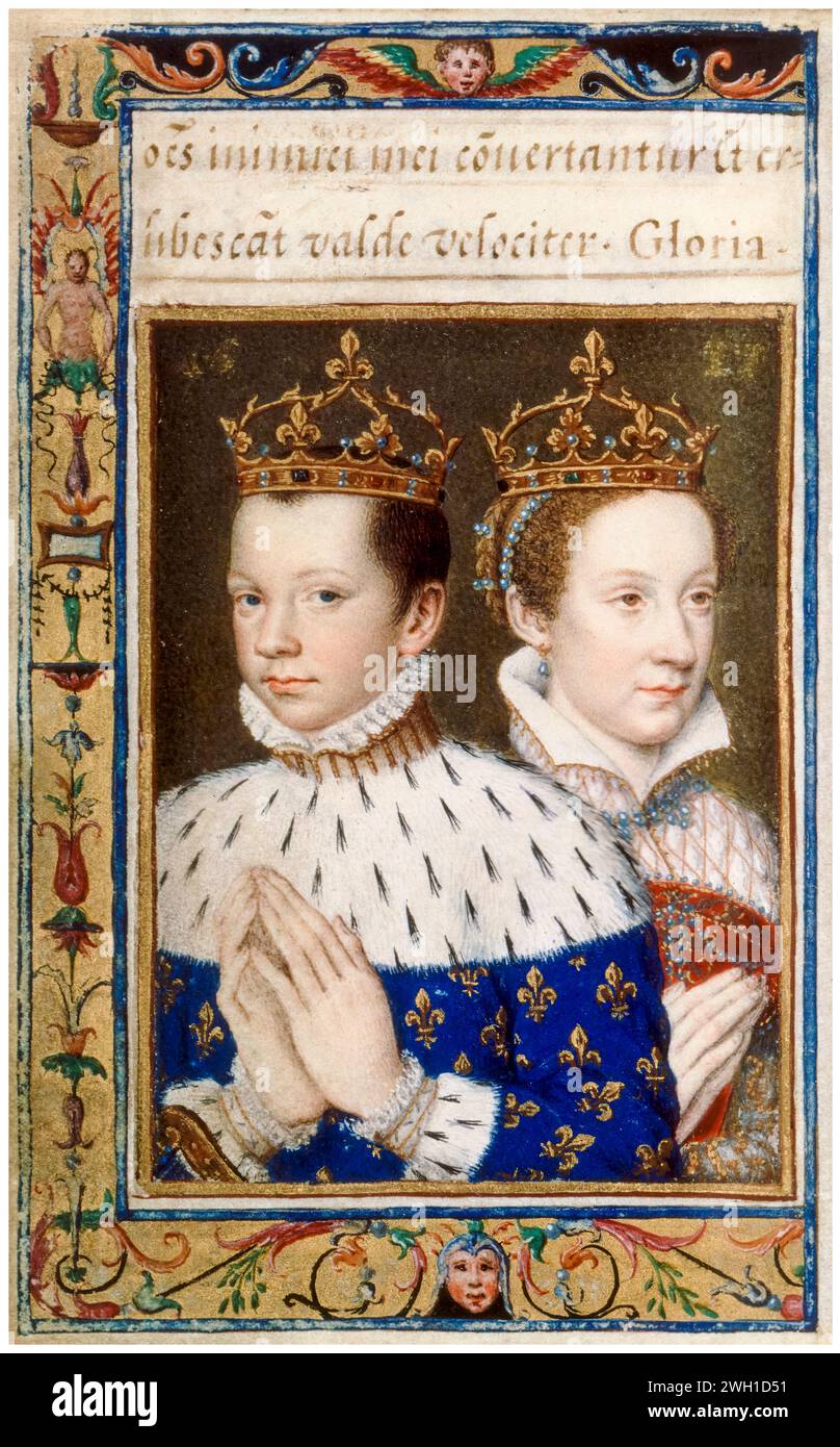 Francis II (1544-1560), King of France (1559-1560) and King Consort of Scotland (1558-1560) with his wife Mary, Queen of Scots (1542-1587), illuminated manuscript portrait painting on parchment by Francois Clouet, circa 1573 Stock Photo