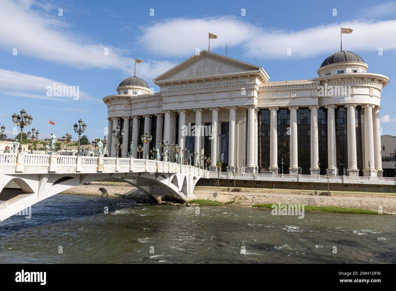 The Archaeological Museum of Macedonia in Skopje, North Macedonia. A new building in classical style, with a new bridge over the Vardar River. Stock Photo