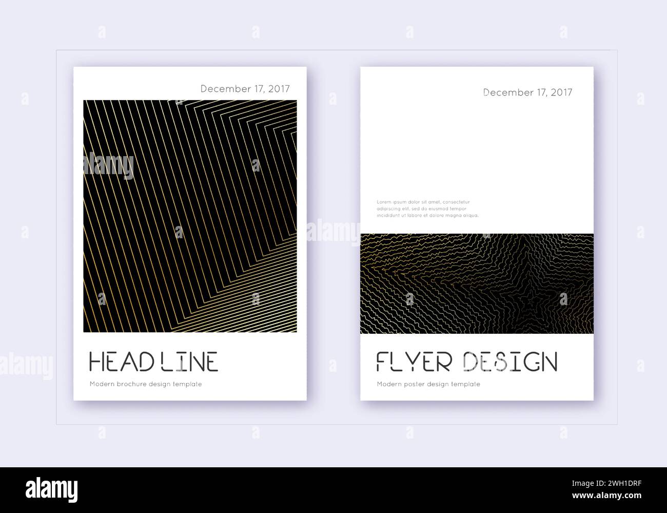 Minimal cover design template set. Gold abstract lines on black