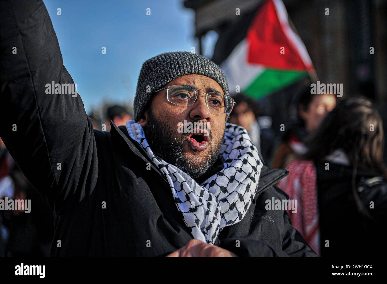 A protester is seen shouting slogans during the protest at The Mound. Pro Palestine supporters held a rally in Edinburgh at The Mound where the crowd listened to speakers and showed support. During the rally, a list that was written on fabric containing a small list of innocent civilians that had been killed in the conflict by Israeli Forces. The rally turned into a march starting at The Mound and going down Princes Street and then onto Charlotte Square before finishing out of Bute House, home of the First Minister of Scotland Yousaf Humza. The supporters urged the First Minister to attend the Stock Photo