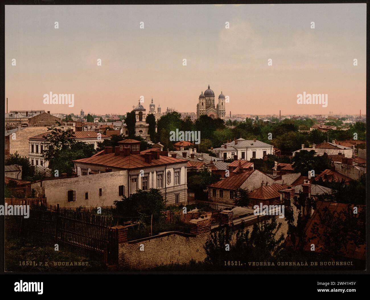 General view, Bucharest, Romania. Skyline city view. Photochrom prints--Color--1890-1900. Stock Photo