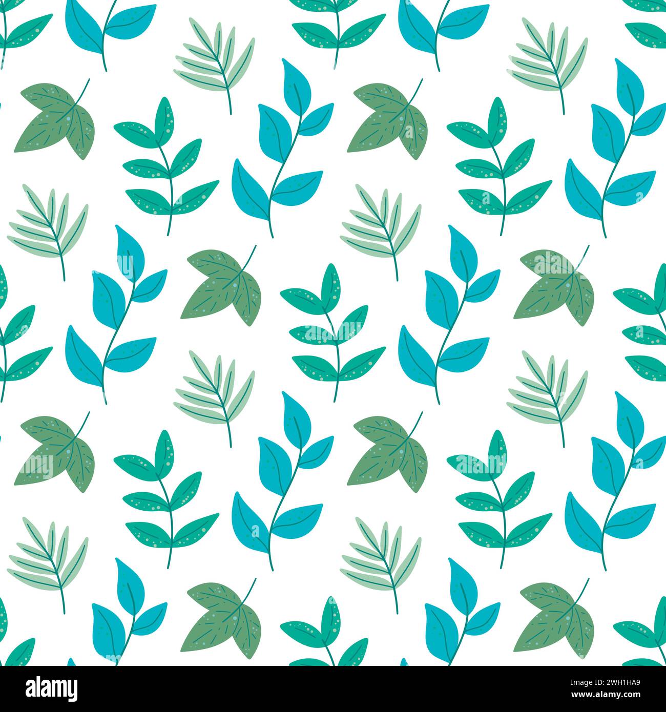 Spring greenery seamless pattern, vector graphics. Summer foliage background. Sheet, twigs and leaves print for textiles, packaging, paper and design. Stock Vector