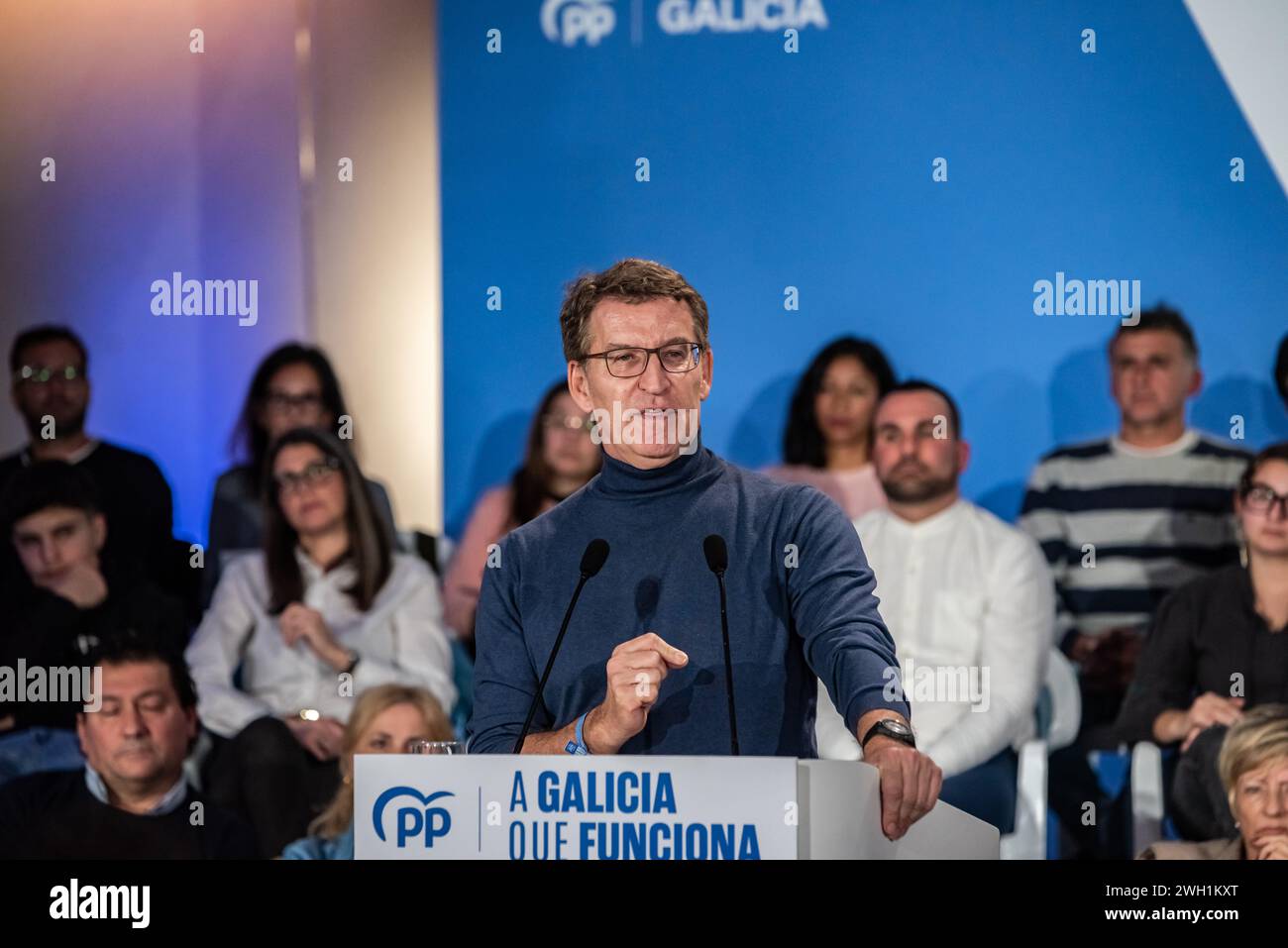 Cangas, Spain. Feb, 5th, 2024. special elections in Galicia: meeting of the PP in the city of Cangas. in the image, Alberto Núñez Feijóo, national president of the PP, during his intervention at the meeting. Credit: Xan Gasalla/Alamy Live News Stock Photo