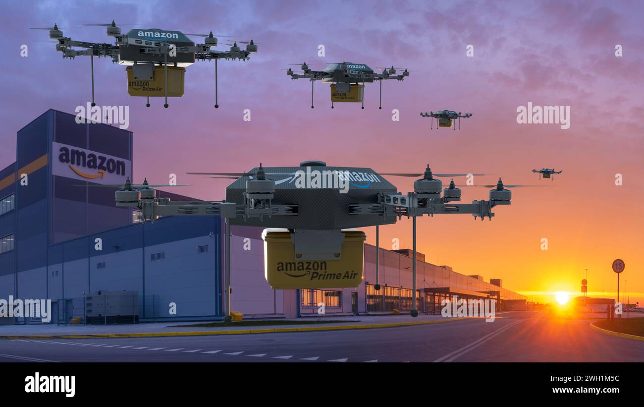 Amazon Prime Air Drone against the backdrop of a logistics centre Stock Photo