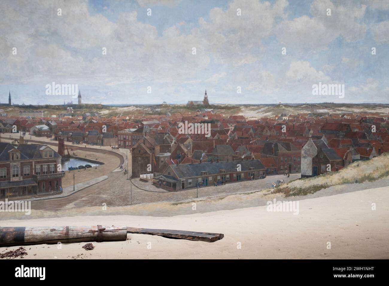 Small section of the giant cylindrical painting by the painter Mesdag, with fake terrain in the foreground in the famous Museum Mesdag in the Hague Stock Photo