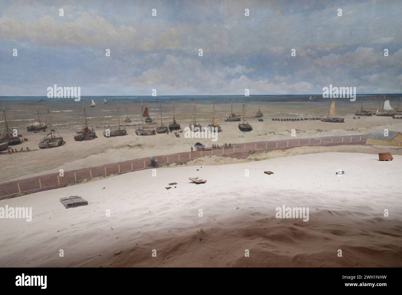 Small section of the giant cylindrical painting by the painter Mesdag, with fake terrain in the foreground in the famous Museum Mesdag in the Hague Stock Photo