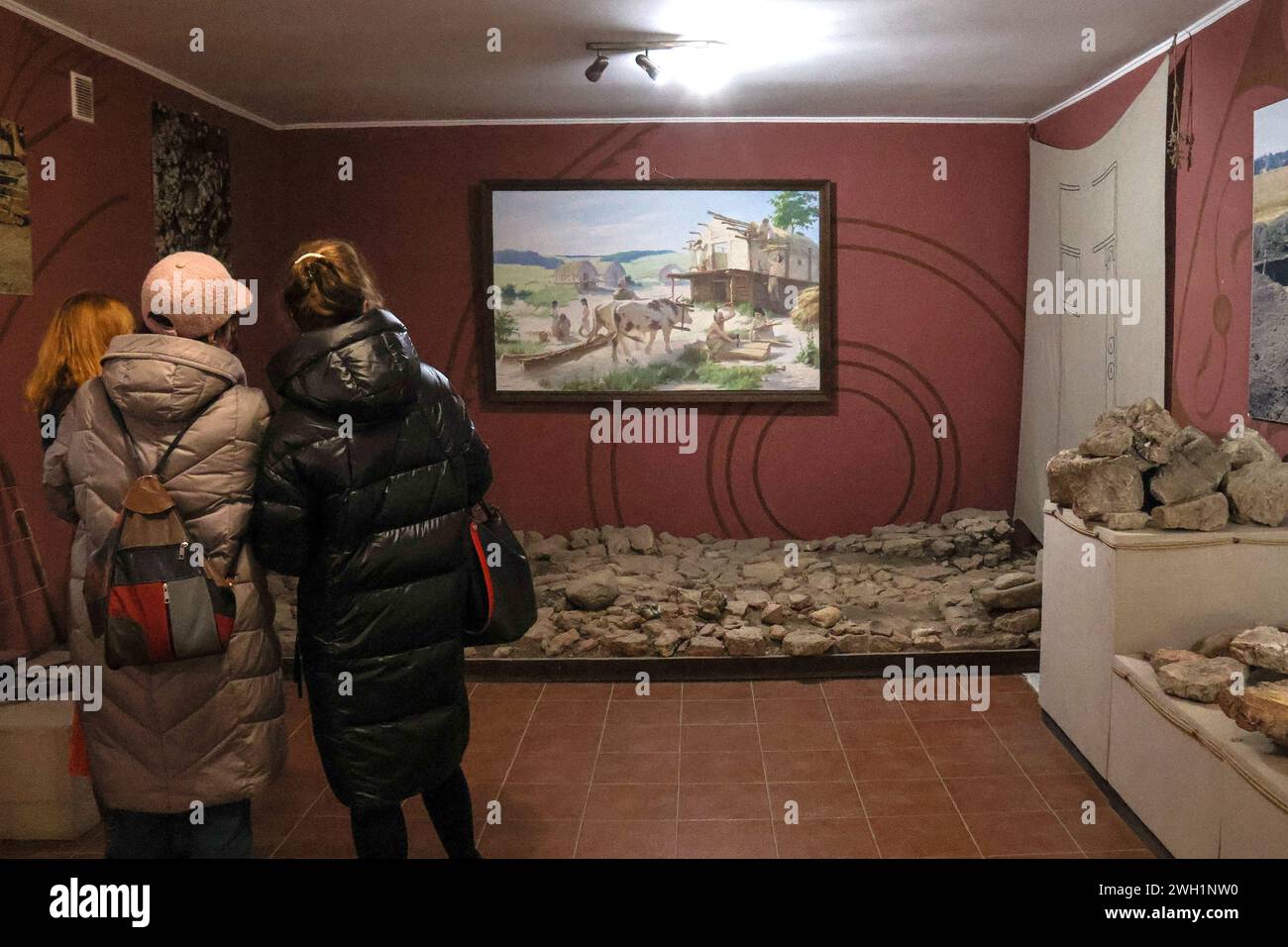 LEHEDZYNE, UKRAINE - FEBRUARY 2, 2024 - Visitors are seen at the Trypillia Culture State Historical and Cultural Reserve in Lehedzyne, Cherkasy region, central Ukraine. Stock Photo