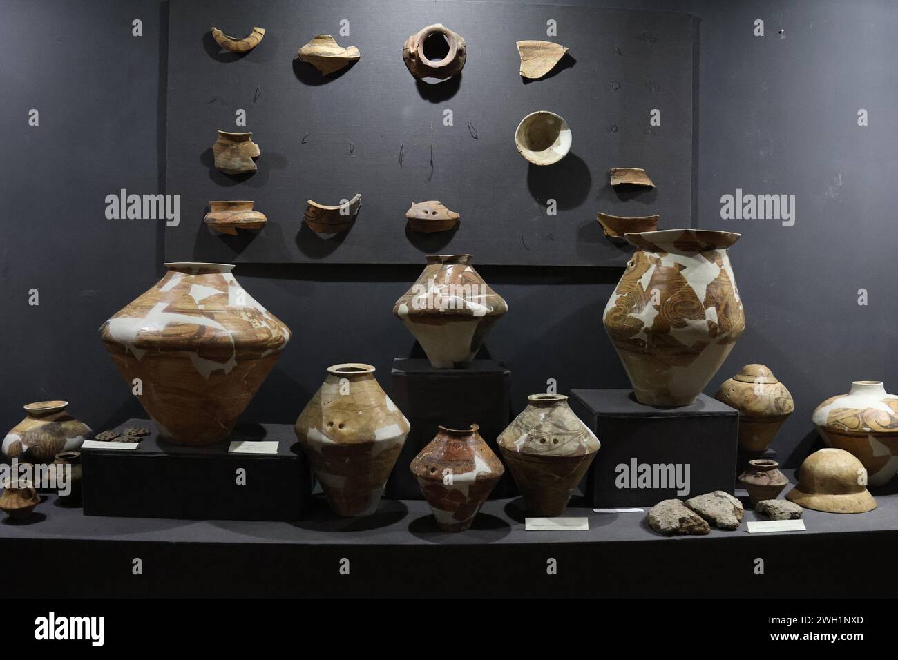 LEHEDZYNE, UKRAINE - FEBRUARY 2, 2024 - Pottery is displayed at the Trypillia Culture State Historical and Cultural Reserve in Lehedzyne, Cherkasy region, central Ukraine. Stock Photo
