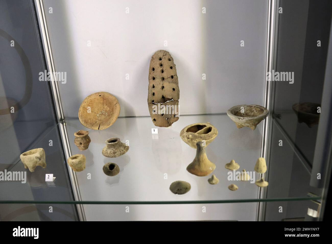 LEHEDZYNE, UKRAINE - FEBRUARY 2, 2024 - Exhibits are displayed at the Trypillia Culture State Historical and Cultural Reserve in Lehedzyne, Cherkasy region, central Ukraine. Stock Photo
