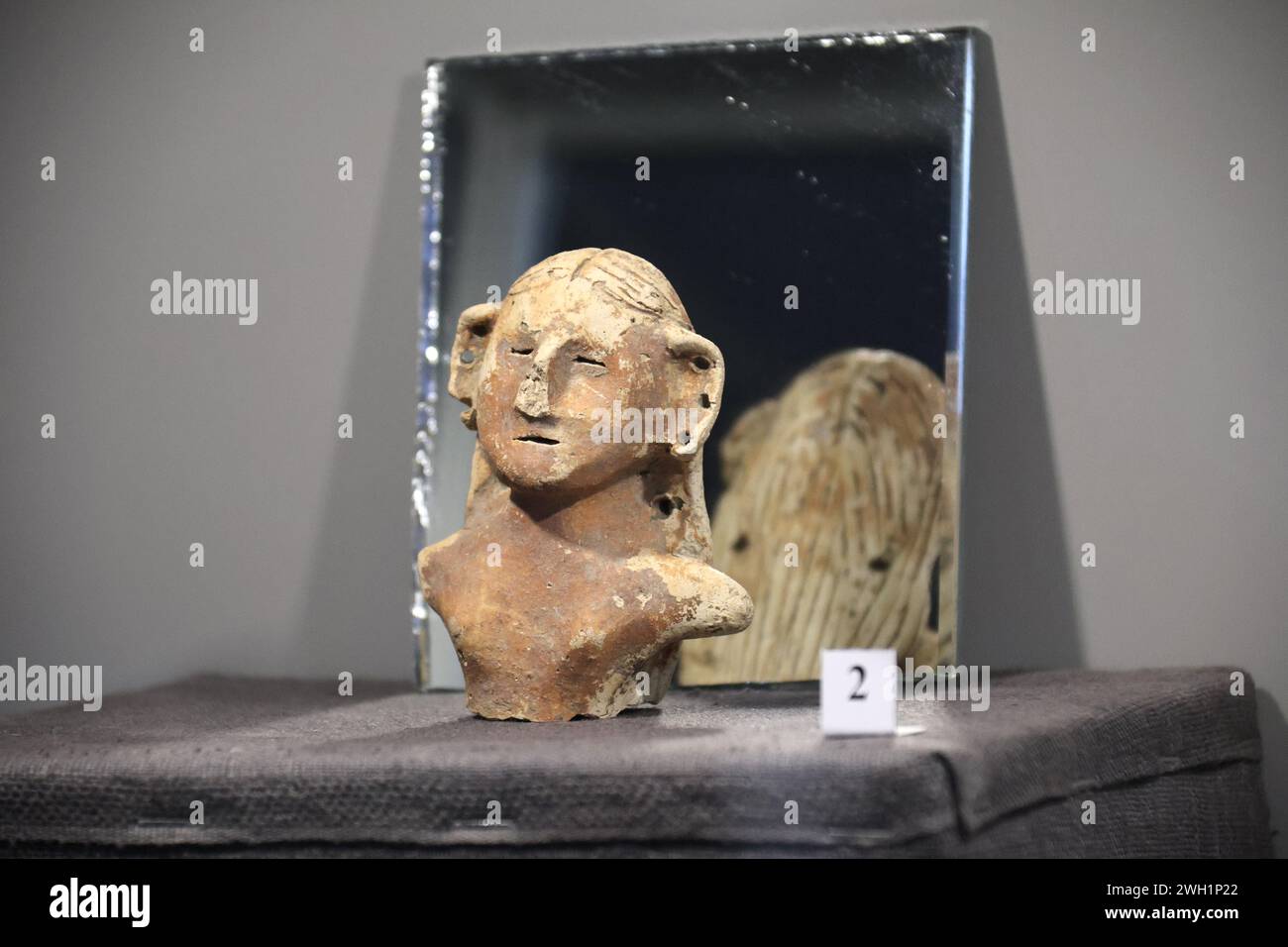 LEHEDZYNE, UKRAINE - FEBRUARY 2, 2024 - A figurine is seen at the Trypillia Culture State Historical and Cultural Reserve in Lehedzyne, Cherkasy region, central Ukraine. Stock Photo