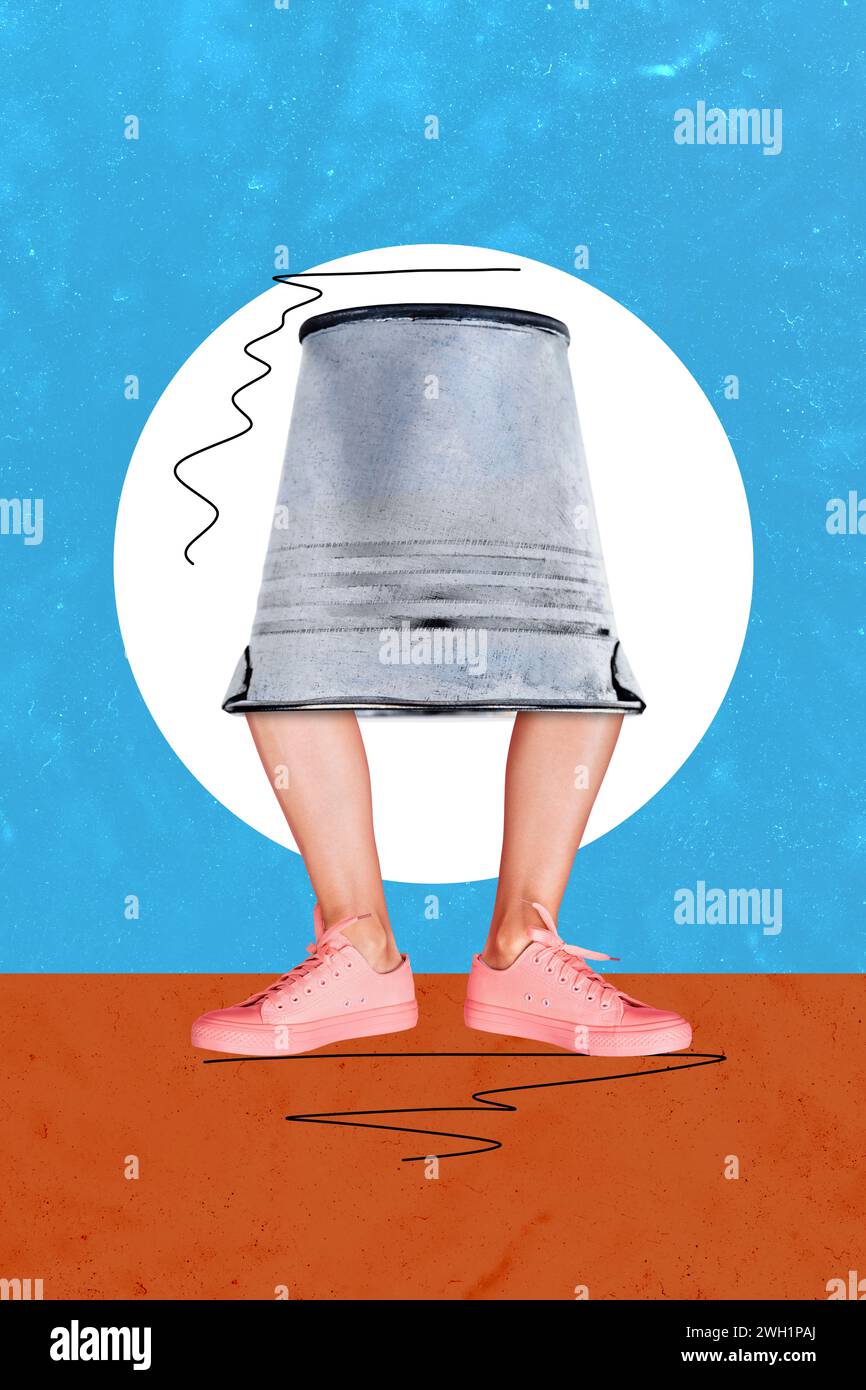 Collage artwork graphics picture of funny human legs growing upside down bucket isolated painting background Stock Photo