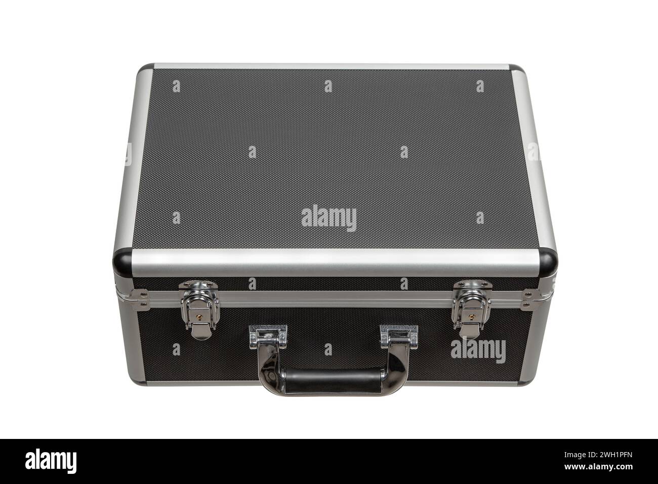 Black padded aluminum briefcase case with metal corners. Case with foam