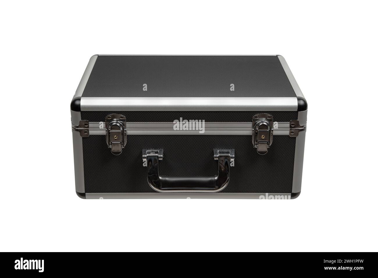 Black padded aluminum briefcase case with metal corners. Case with foam