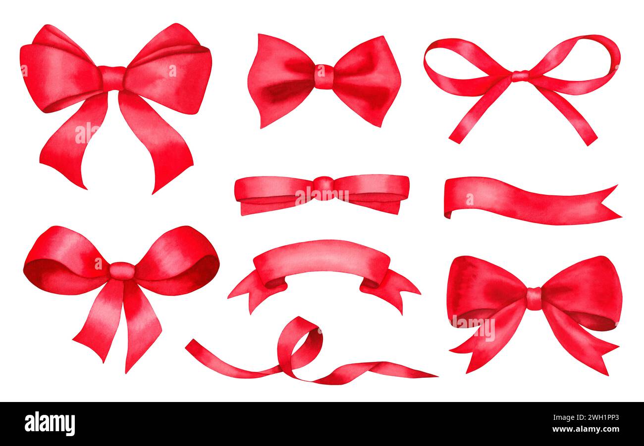 Set of watercolor red bows and ribbons. Hand drawn illustration ...
