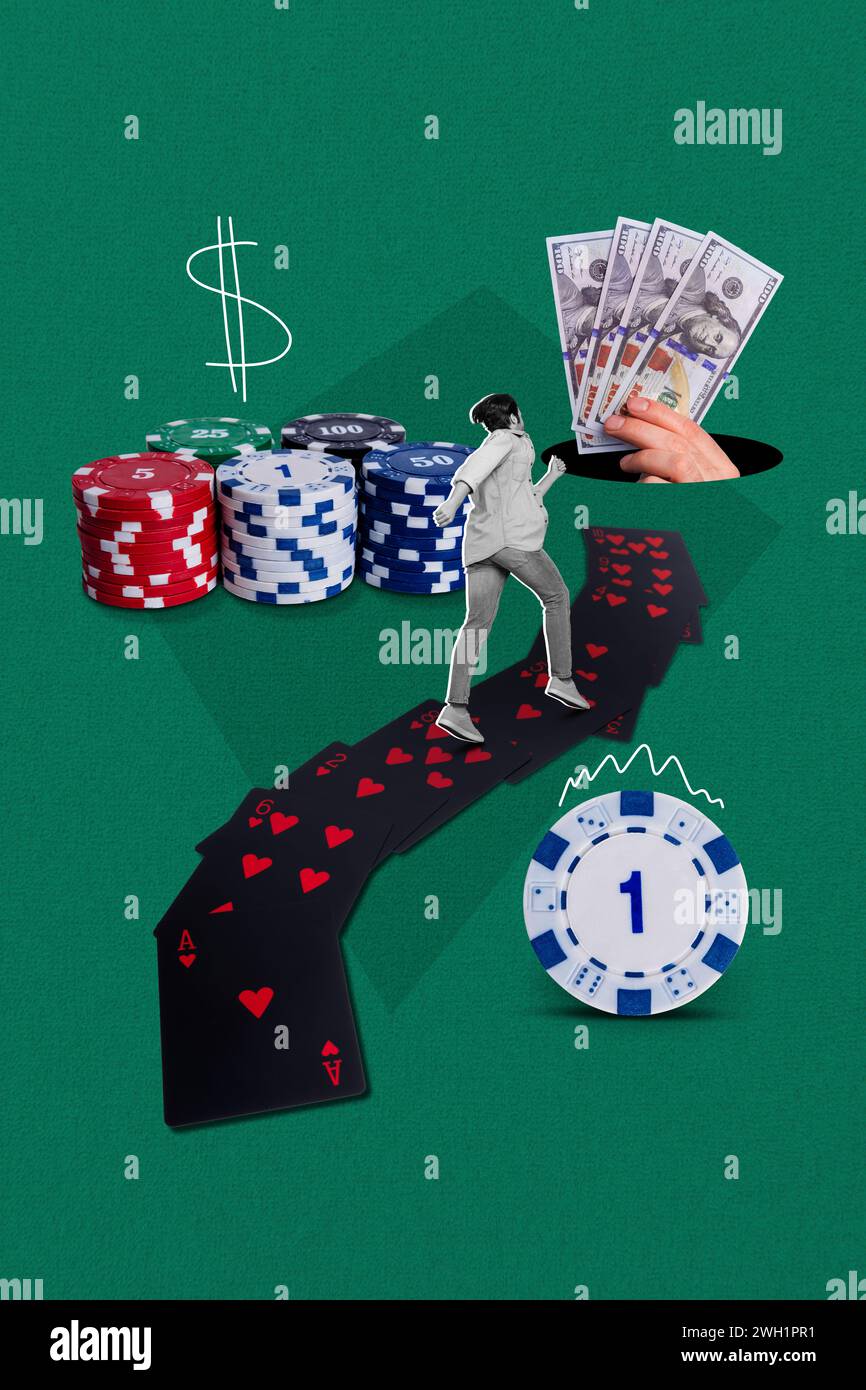 Vertical placard collage of funny man addicted player gambling games running to poker club get some money isolated on green background Stock Photo