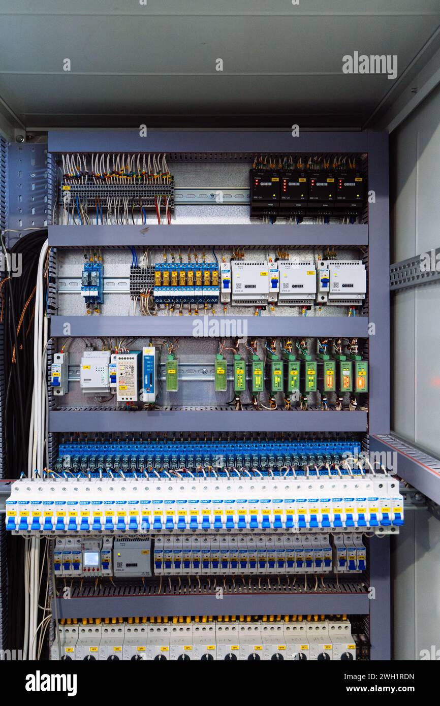 Electrical switchgear cabinet in the switchgear room. Stock Photo
