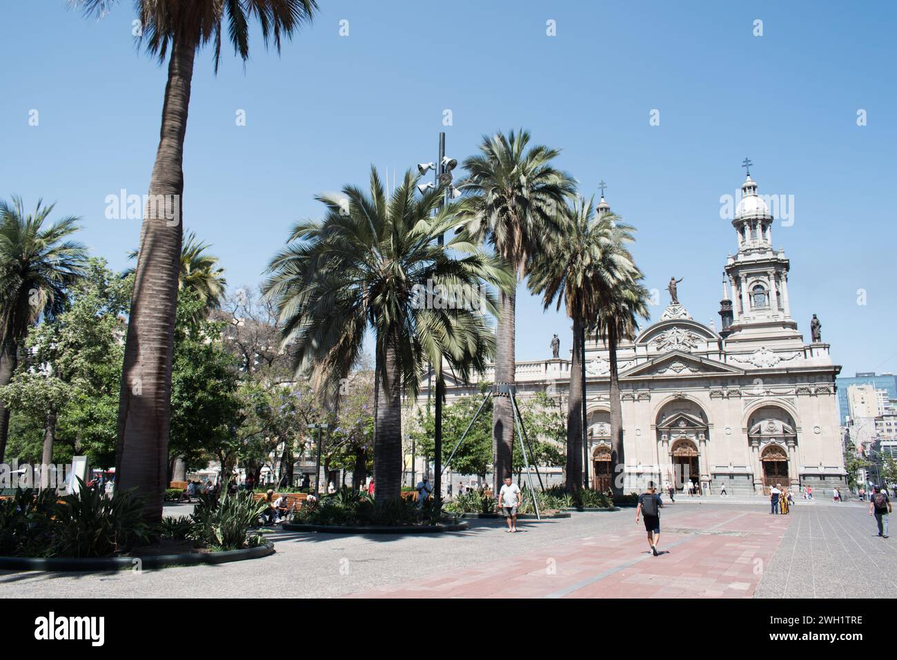Santiago's Main Square, is a historic and cultural hub located in the heart of Santiago. It is surrounded by several important buildings. Stock Photo