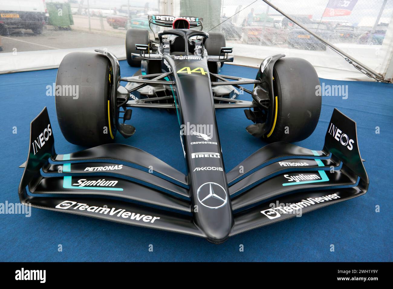Front view of the 2023, Mercedes-AMG F1 W14 E Performance driven by Lewis Hamilton and George Russell, on display at the 2023 Silverstone Festival Stock Photo