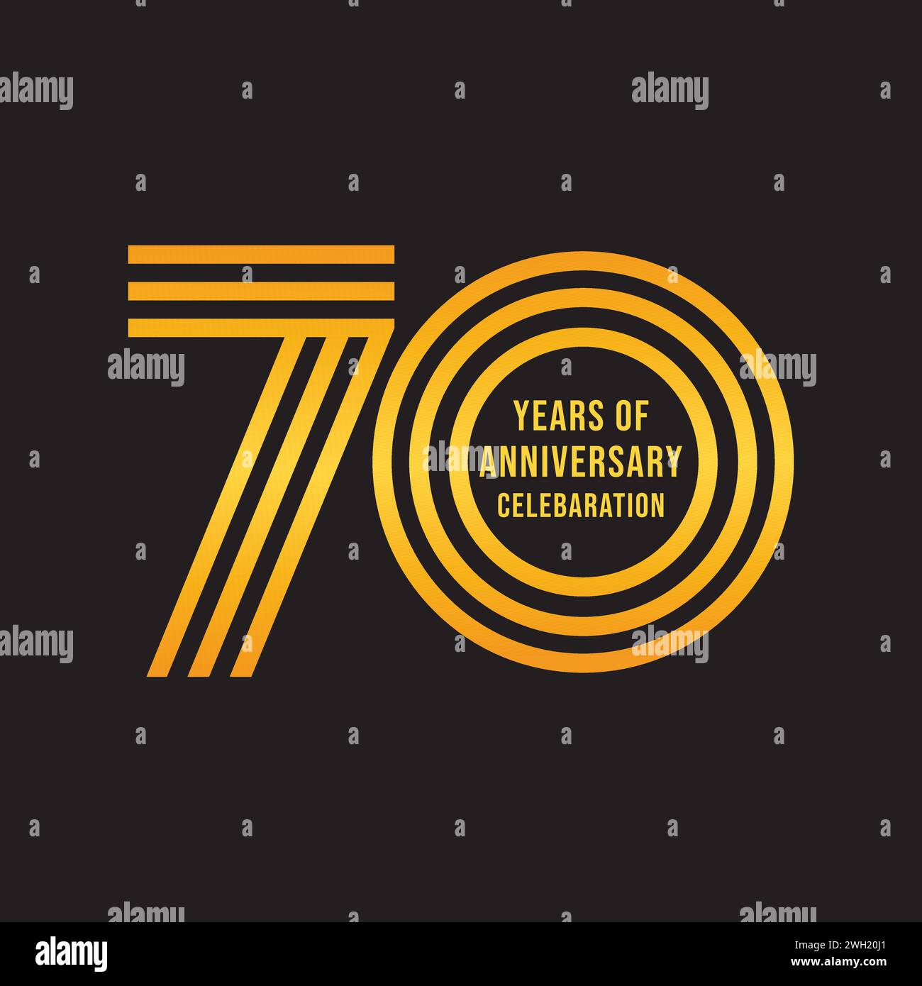 70 year anniversary gold color logo on black background. 70 years anniversary celebration event, invitation card, greeting card, banner, poster, flyer Stock Vector