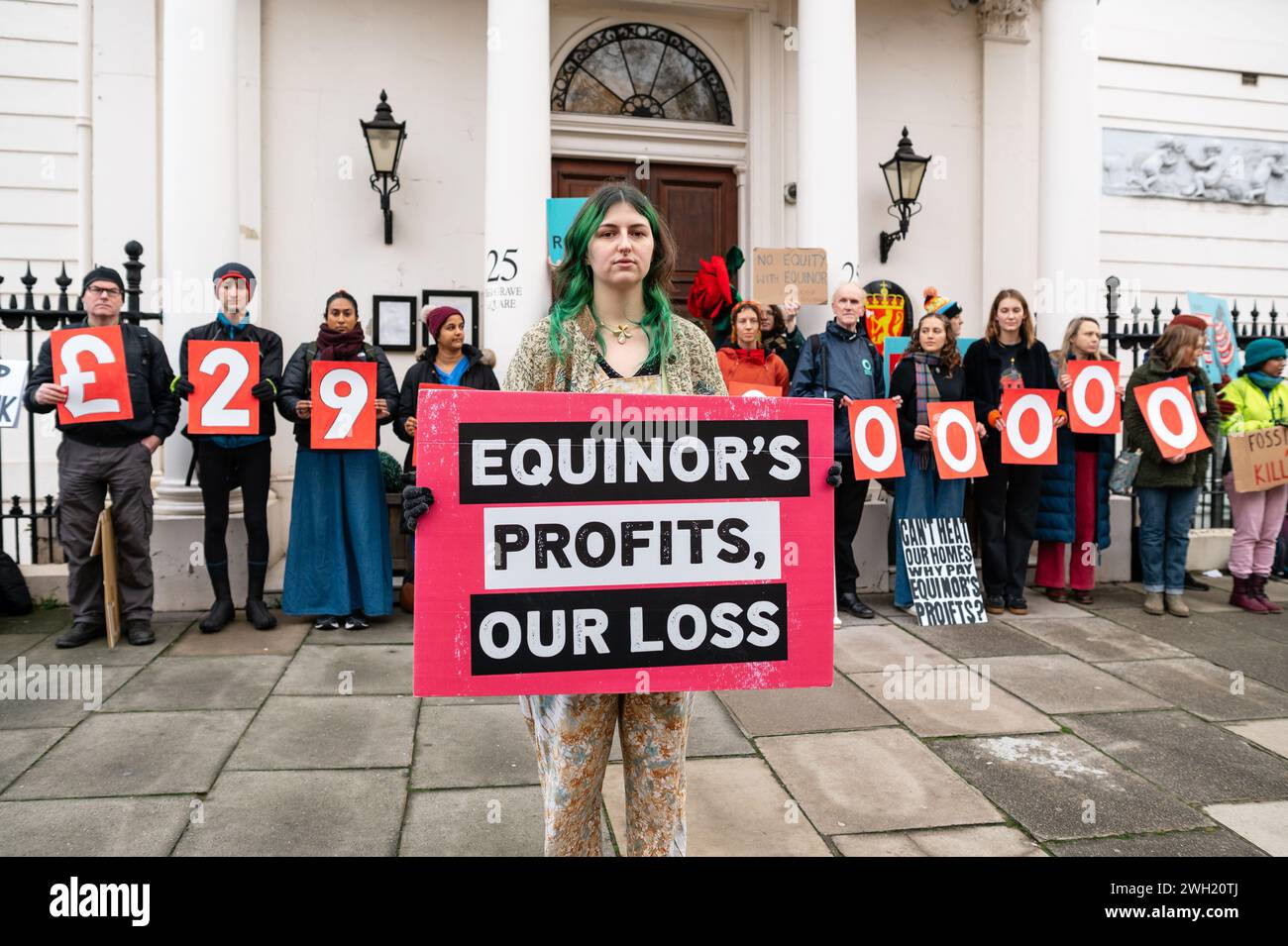 London Uk 7 February 2024 Climate Activists Rally Outside The Norwegian Embassy Against The New Oil Field Rosebank While Equinor Reveals Their 4th Quarter Huge Profits Credit Andrea Domeniconialamy Live News 2WH20TJ 