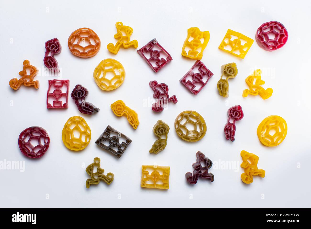 various types of pasta on white surface Stock Photo