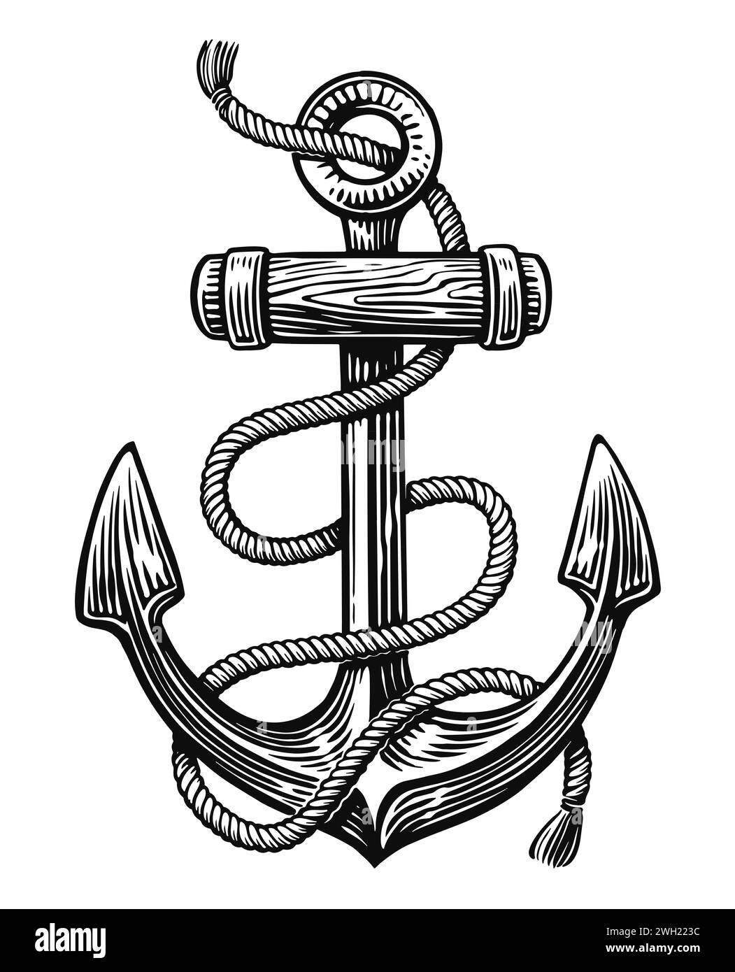 Hand drawn sketch of ship nautical Anchor with rope. Vintage illustration Stock Photo