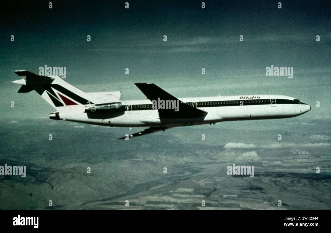 Jet airliner Boing 727-200 of Alitalia national airline, Italy 1970s Stock Photo