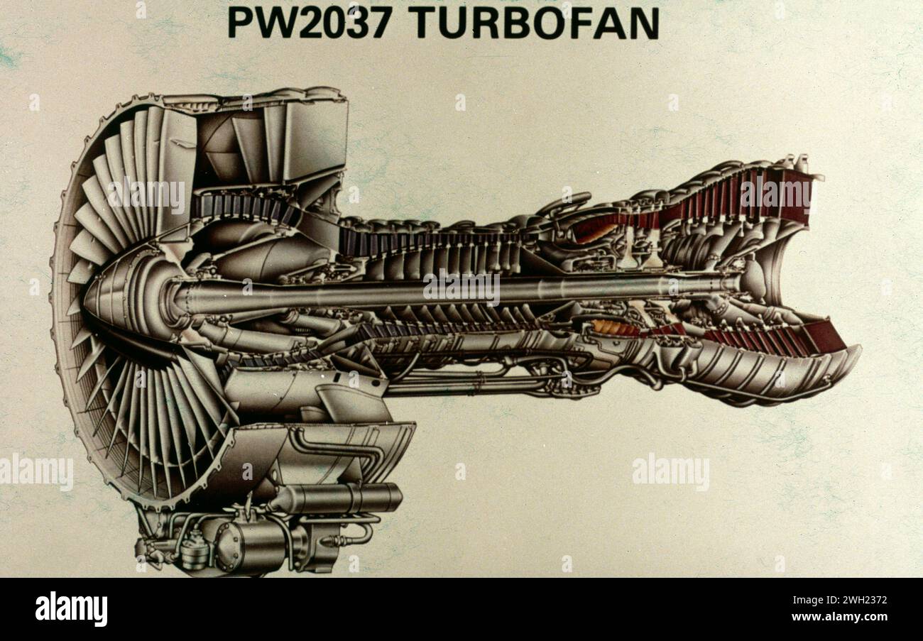 Cutaway of the Pratt & Whitney PW 2037 American turbofan aircraft engine, USA 1980s Stock Photo