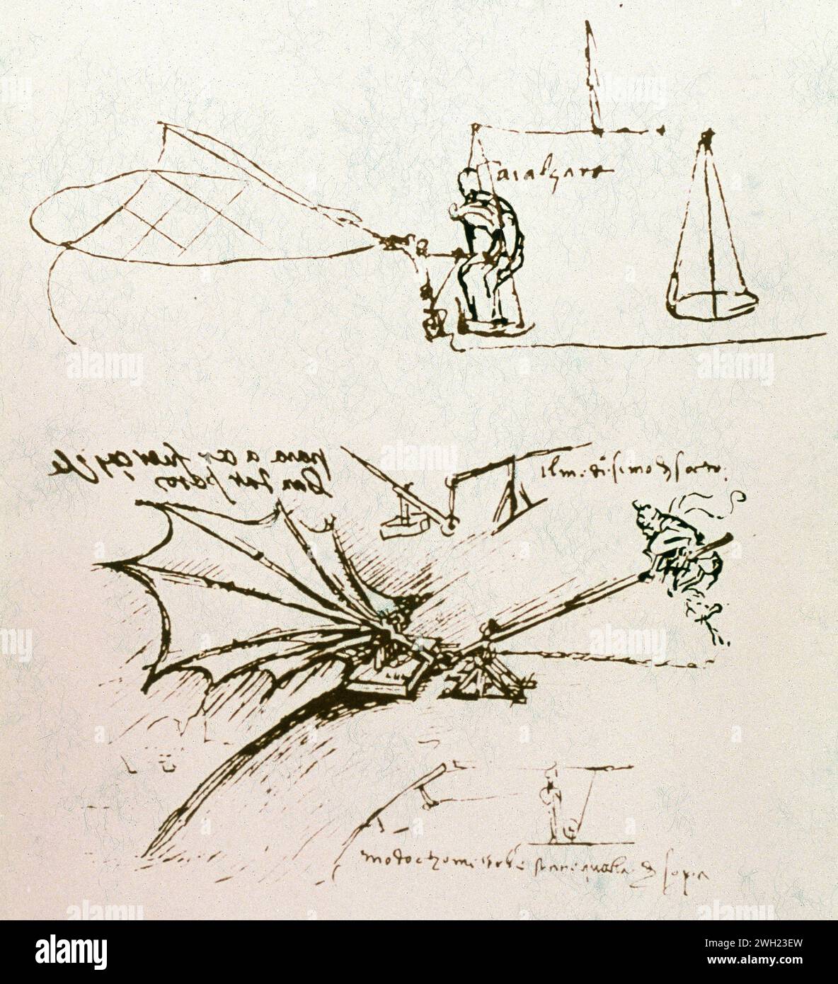 Lift measurements and flapping wing, drawing by Italian artist Leonardo da Vinci, Italy 1400s Stock Photo
